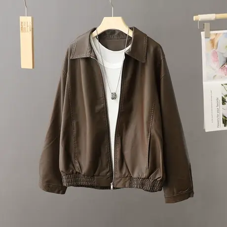 皮衣女外套2023春秋新款早秋宽松短款棕色复古小个子百搭皮夹克潮图片