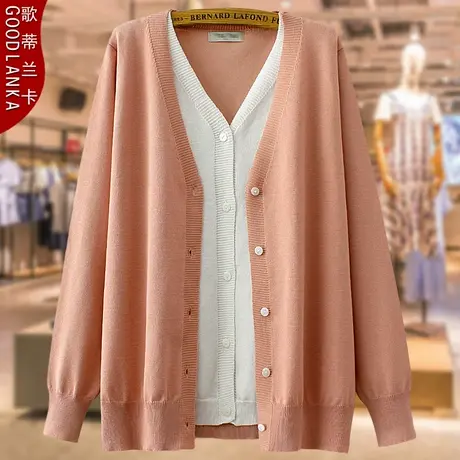 大码春季妈妈装假两件上衣宽松洋气中年女开衫V领百搭冰丝针织衫商品大图