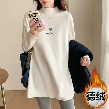 德绒保暖打底衫女秋冬洋气印花宽松大码加厚中长款半高领长袖T恤商品大图