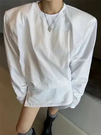2023早秋新款韩版宽松收腰设计感小众垫肩长袖t恤女打底衫上衣潮商品大图