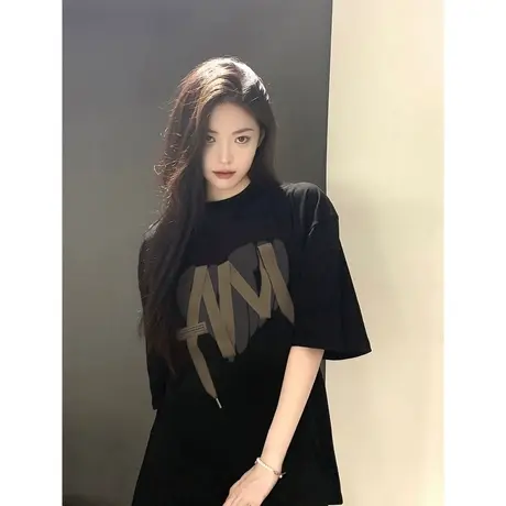 纯棉黑色短袖t恤女2023新款夏季美式复古原创小众设计感宽松上衣商品大图