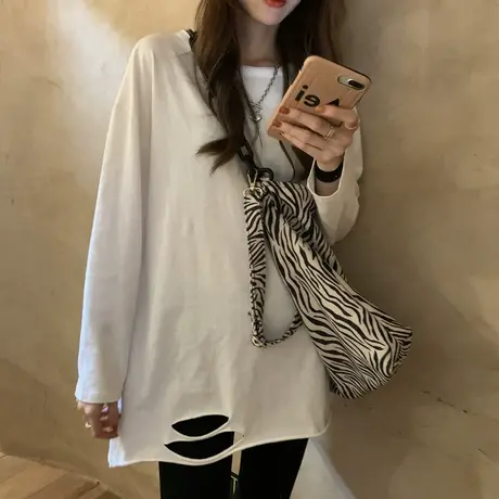 ins痞帅破洞白色长袖t恤女夹薄绒宽松无包边上衣秋冬内搭打底衫潮商品大图