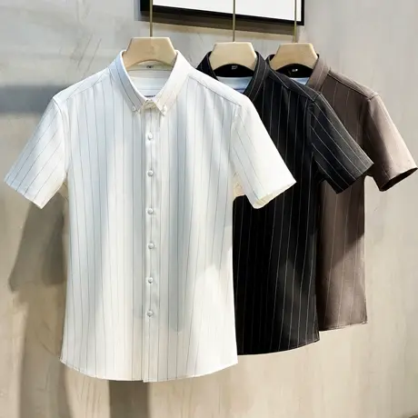 2023夏季衬衫男短袖免烫提花寸衫韩版高级感轻商务条纹衬衣冰丝白商品大图
