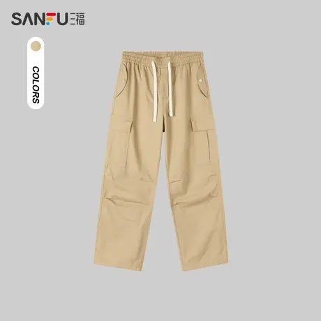 三福2023秋男士潮流打褶工装休闲裤 宽松直筒纯棉长裤男476673商品大图