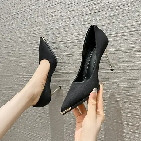 2023新款尖头气质高跟鞋女细跟职业浅口配裙子单鞋女士黑色工作鞋图片