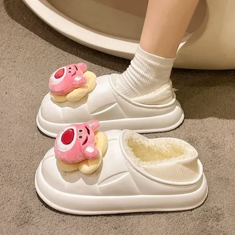 卡通草莓熊棉拖鞋女冬季包跟防水居家室内保暖加绒厚底外穿棉鞋女商品大图