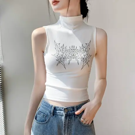 美式复古风无袖背心女2024春季新款性感修身刺绣半高领打底衫短款商品大图