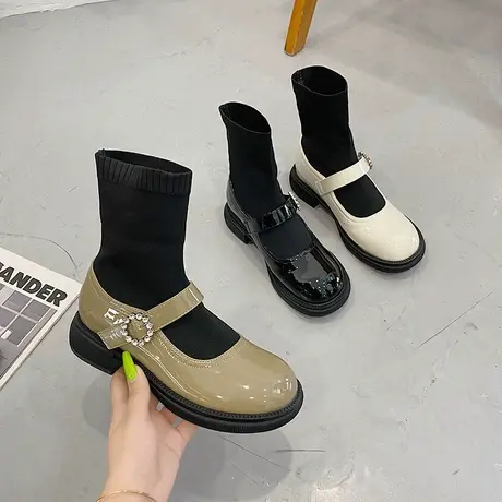 玛丽珍连袜小皮鞋女2024秋季新款英伦风圆头中跟显瘦针织弹力袜靴图片