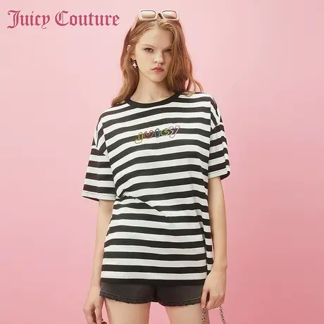Juicy Couture橘滋2024早春日穿搭新款缤纷女装刺绣条纹女士T恤商品大图