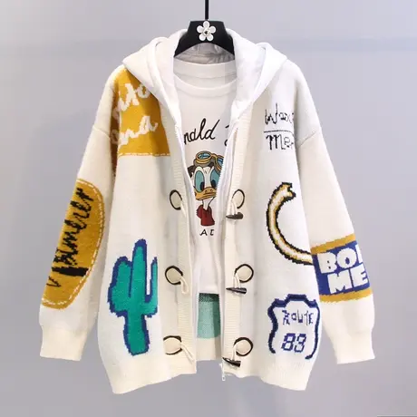 假两件连帽毛衣外套女秋冬2023新款宽松慵懒风加厚设计感针织开衫图片