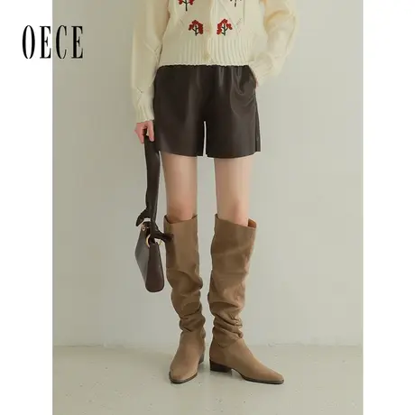 Oece复古休闲皮裤女2023秋季新款女装气质短裤女秋冬裤子商品大图