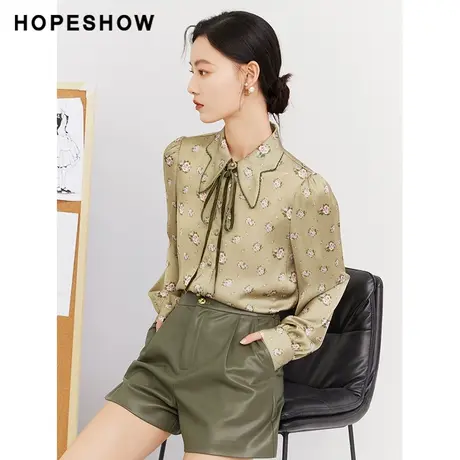 红袖outlets糖果印花雪纺衫hopeshow2023秋季新款女系带翻领上衣商品大图