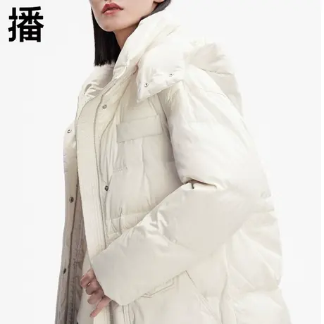 播羽绒服冬季女休闲连帽大口袋白鸭绒羽绒外套品牌女装DDP4RD4815商品大图