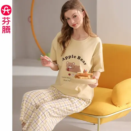 芬腾纯棉睡衣女夏季薄款短袖套装可爱少女舒适休闲大码夏天家居服商品大图