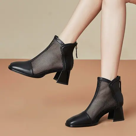 春秋新款百搭小方头网纱靴子女镂空透气舒适时尚马丁靴粗跟高跟女商品大图