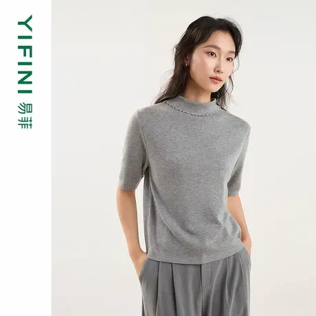 [专柜同款]Yifini/易菲时尚百搭轻奢感半高圆领修身中袖针织毛衫商品大图