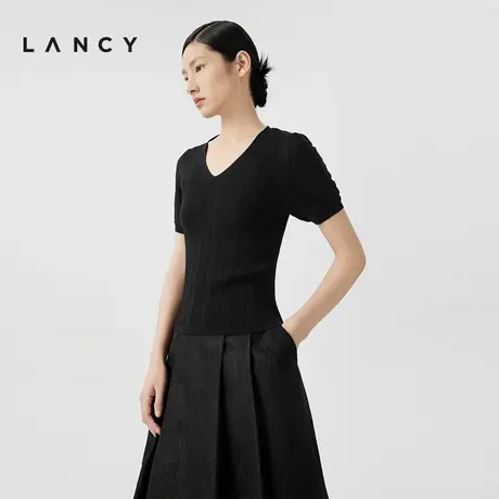 LANCY/朗姿2024夏季新款v领修身针织泡泡袖套头衫高级内搭短袖女商品大图