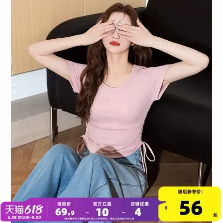 唐狮2025春夏女新款短袖T恤粉色收腰抽绳设计感小众显瘦别致pc商品大图