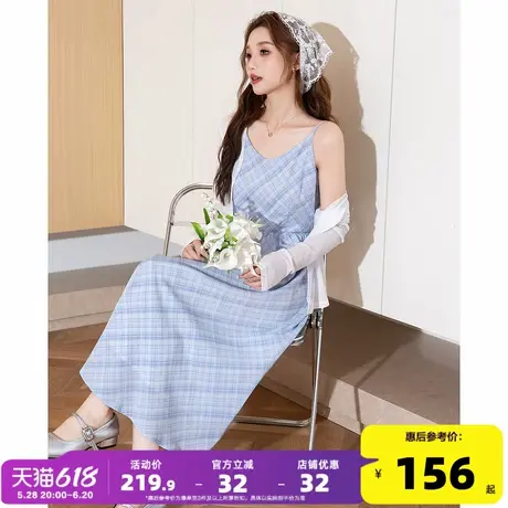 唐狮夏季吊带连衣裙2025新款法式优雅女装送披肩格子长裙两件套l3商品大图