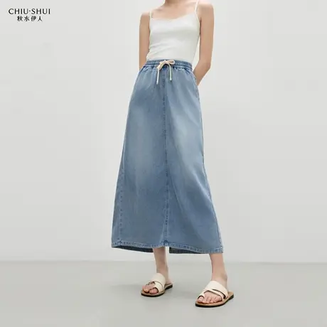 秋水伊人牛仔半身裙2025年夏季新款女装时尚高腰松紧开叉百搭半裙图片