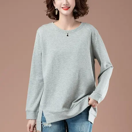 长袖t恤女春秋新款加肥加大码女装宽松中长款百搭遮肚显瘦打底衫商品大图