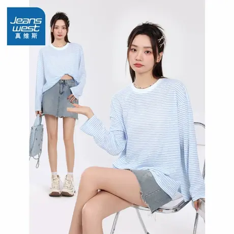 KMV真维斯长袖衫短袖女t恤夏季女装2025新款宽松条纹独特女装上衣商品大图