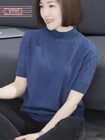 半高领宽松五分袖羊毛针织衫毛衣女中袖上衣装夏装女士半袖打底衫商品大图
