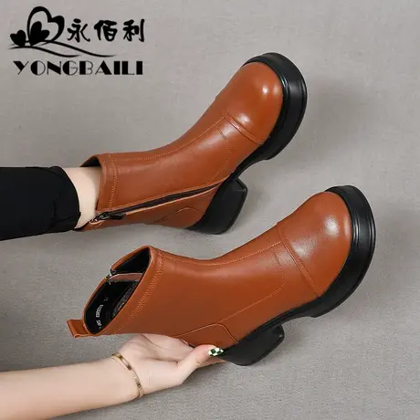 松糕防水台时装靴真皮复古厚底中筒短靴女2025冬新款粗跟高跟女鞋商品大图