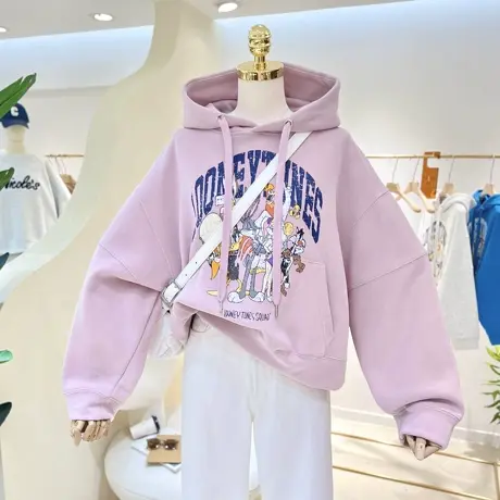 2023春秋卡通兔子做旧印花韩版宽松大码短款连帽卫衣女小个子帽衫商品大图