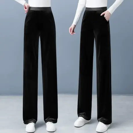 窄版金丝绒阔腿裤女高腰垂感2023年秋冬新款宽松直筒松紧腰条绒裤商品大图