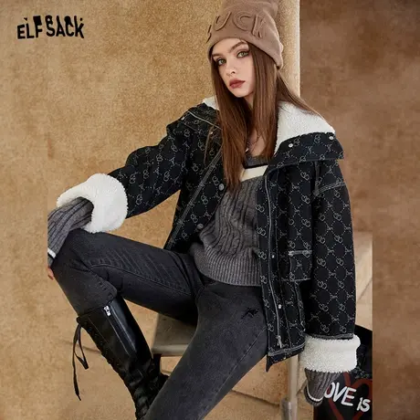 妖精的口袋羊羔绒拼接黑色牛仔棉衣棉服女2022冬季新款外套设计感商品大图