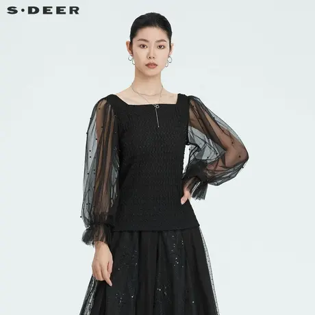 sdeer圣迪奥女装方领网纱拼接长袖针织T恤S222Z0204商品大图