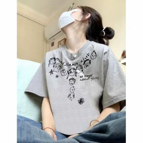 重磅纯棉美式灰色短袖t恤女夏季2025新款宽松小众别致设计感上衣图片