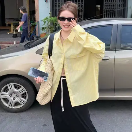 纯诗曼新款长袖黄条纹衬衫女中长款韩版宽松大码休闲时尚气质衬衣商品大图