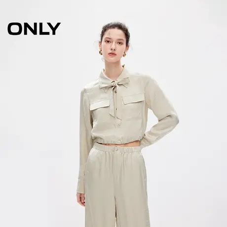 ONLY2024夏季新款缎光字母印花翻领纯色飘带显瘦短款风衣外套女商品大图
