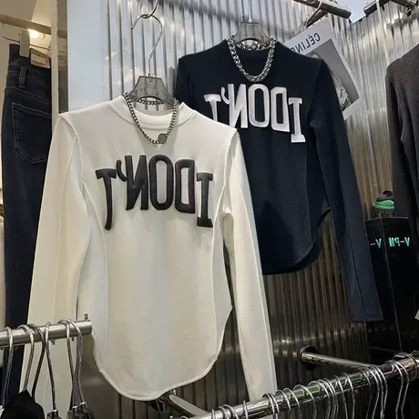 ins超火美式长袖T恤女春秋修身双面德绒内搭打底小衫磨毛短款上衣商品大图