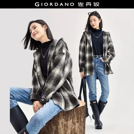 佐丹奴外套女装加绒格纹衬衫式连帽梭织毛呢外套 18374614商品大图