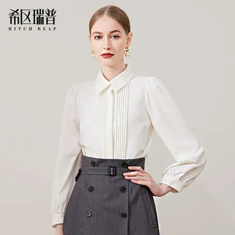 希区瑞普法式高端定制百褶白色泡泡袖压褶气质淑女别致小众OL衬衫图片