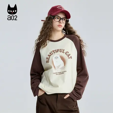 a02黑猫系列甜美风宽松圆领长袖T恤女2025新款秋季插肩袖打底衫图片