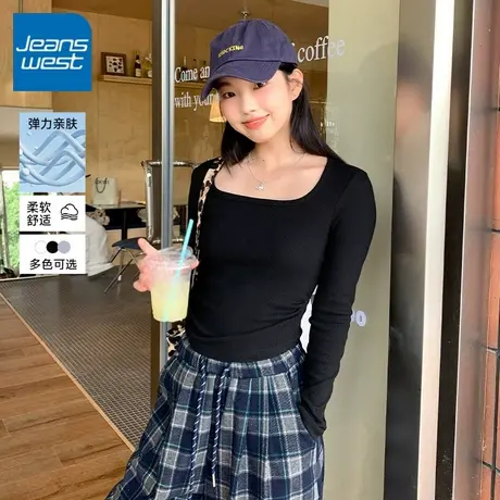KV真维斯方领长袖t恤女2025新款黑色褶皱修身显瘦百搭内搭打底衫商品大图