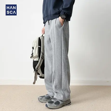 hansca370g重磅绵羊毛直筒休闲裤男秋季复古宽松垂感抽绳拼接长裤商品大图