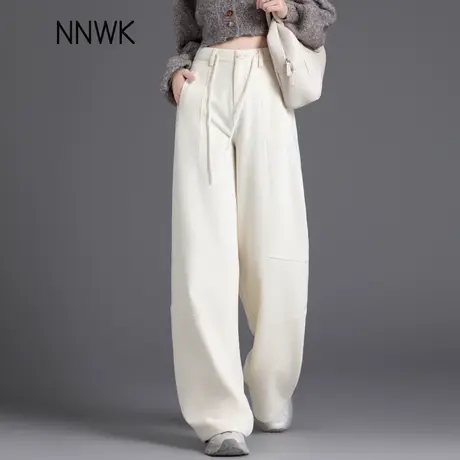 桑蚕丝羊毛阔腿裤女2025新款秋冬白色休闲裤高腰显瘦宽松直筒裤子商品大图