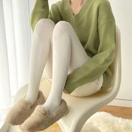 日系奶白色连裤袜女春秋款麻花针织加绒白丝袜纯欲微压黑丝防勾丝商品大图