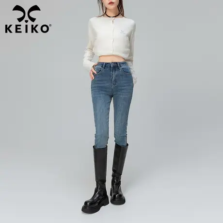 KEIKO 高腰修身牛仔裤女2023秋冬高弹显瘦紧身小脚铅笔裤子靴裤商品大图