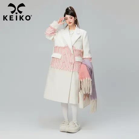 KEIKO 设计感粗花呢拼接毛呢大衣女中长款2023秋冬韩系呢子外套商品大图