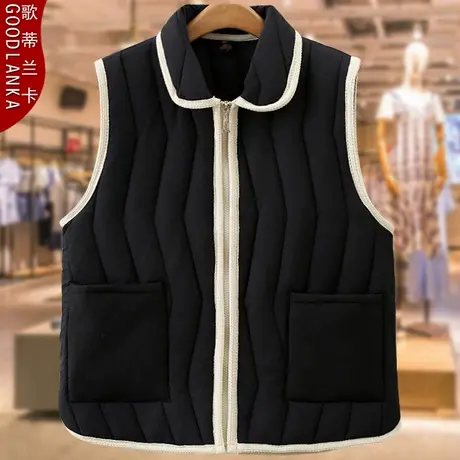 大码中年胖妈妈秋冬羽绒棉马甲宽松洋气翻领撞色加厚保暖棉服外套商品大图