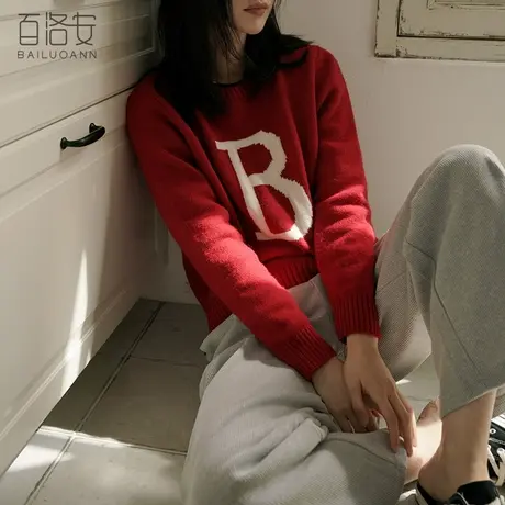 百洛安字母毛衣女宽松百搭套头上衣2023秋冬新款圆领长袖针织衫潮图片