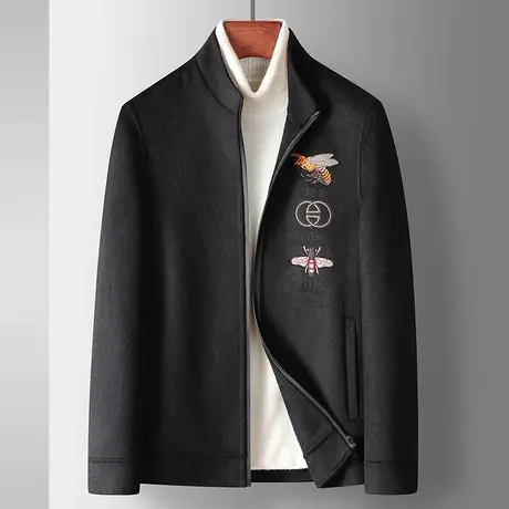 高端羊毛外套男秋冬季新款立领休闲百搭潮流运动刺绣毛呢夹克男装图片