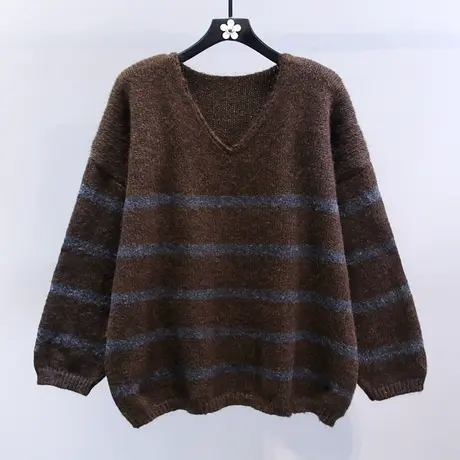 复古慵懒风条纹套头毛衣女秋冬2023新款宽松显瘦中长款针织衫上衣商品大图