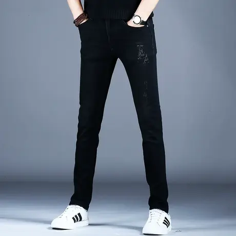 秋款烫钻黑色牛仔裤男款小脚修身弹力美式高街潮流裤子男士休闲裤商品大图